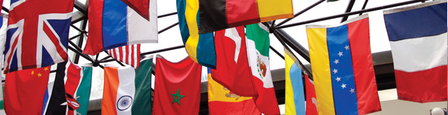 Flags in NMC's Tanis Building atrium 