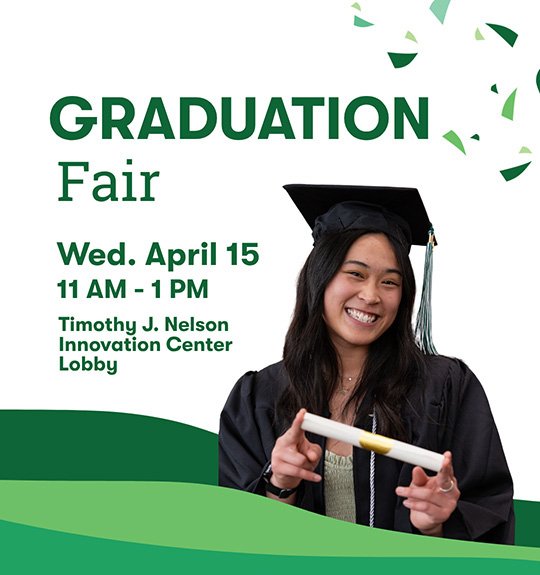 Grad fair image with woman in cap, gown and diploma
