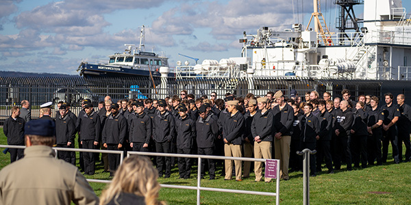 A Great Lakes Maritime Academy Mariners Memorial service on the Great Lakes Campus harbor